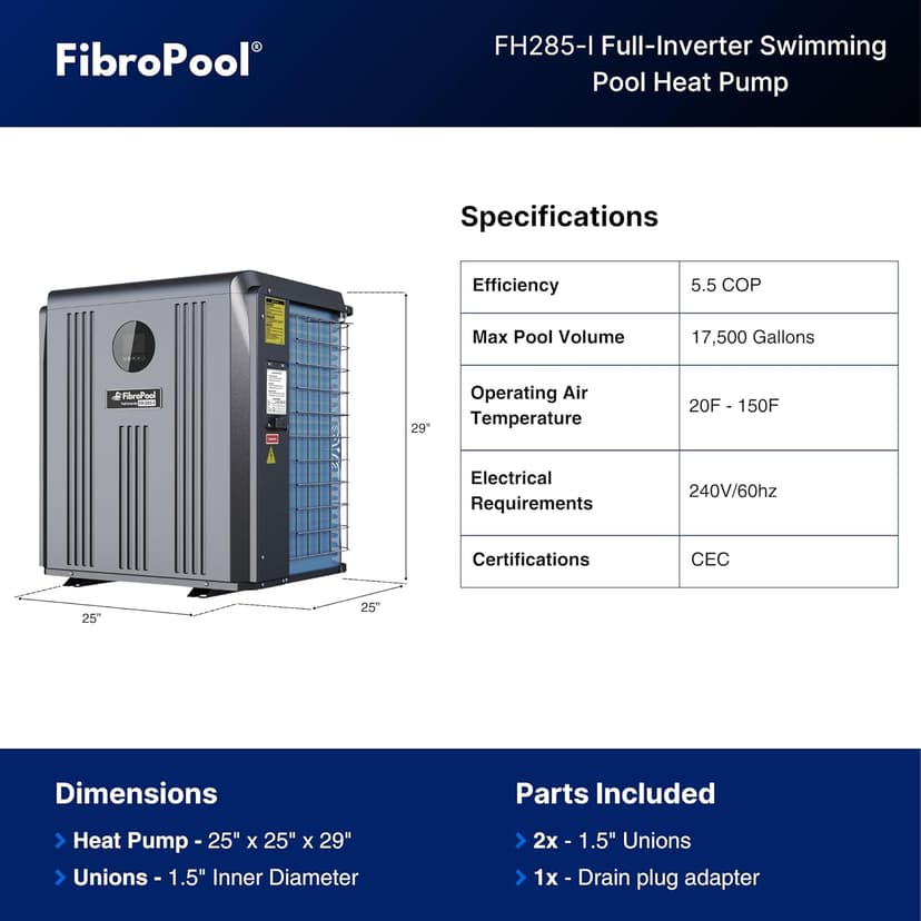 FibroPool Swimming Pool Heat Pump – Full Inverter Electric Heater – FH285-i for Pools up to 17,500 Gallons – for Above Ground and In Ground Pools and Spas – High Efficiency, No Gas or Propane Needed