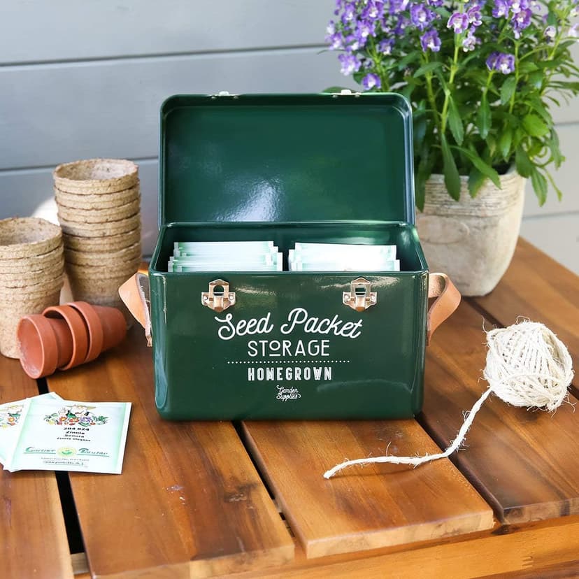 Burgon & Ball Seed Packet Storage Box Container Tin in Frog Green with Inside Dividers for Organization with Lid, Side Handles and Latches