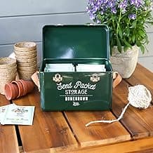 Burgon & Ball Seed Packet Storage Box Container Tin in Frog Green with Inside Dividers for Organization with Lid, Side Handles and Latches