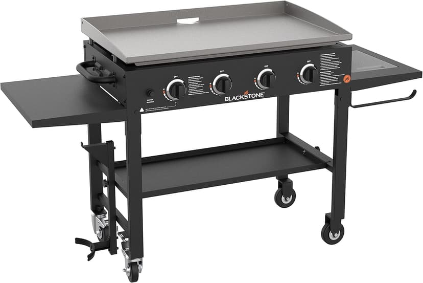 Blackstone 36" Cooking Station 4 Burner Propane Fuelled Restaurant Grade Professional 36 Inch Outdoor Flat Top Gas Griddle with Built in Cutting Board, Garbage Holder and Side Shelf (1825), Black