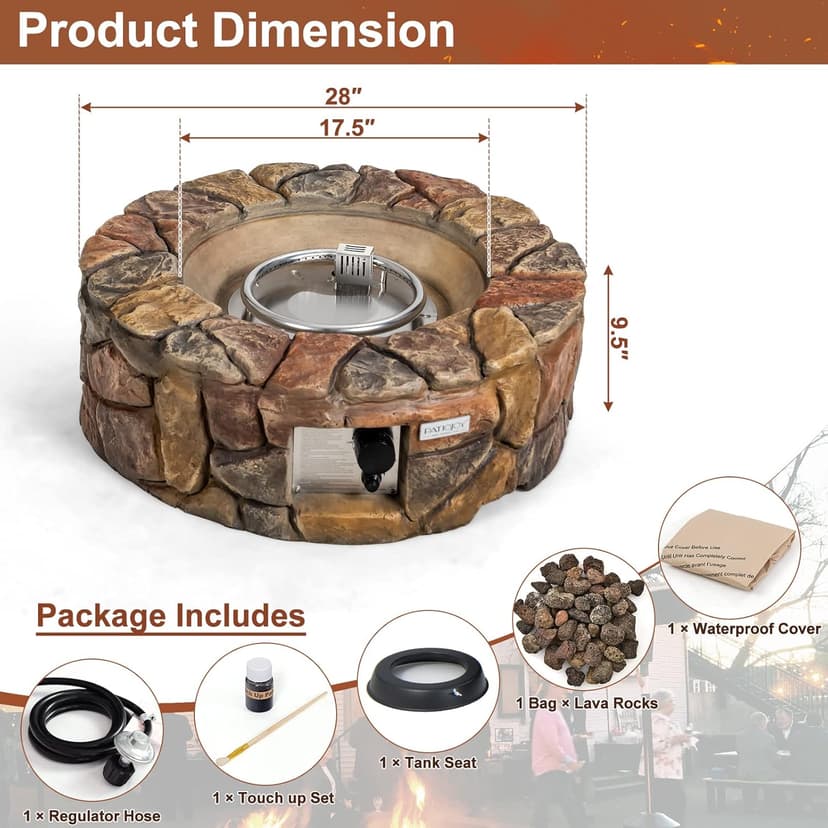 Tangkula 28 Inch Round Propane Gas Fire Pit, Patiojoy 40,000 BTU Stone Look Outdoor Propane Fire Pit with Lava Rocks & PVC Cover, Faux Stone Gas Fire Pit Table for Patio, Courtyard, Garden (Brown)