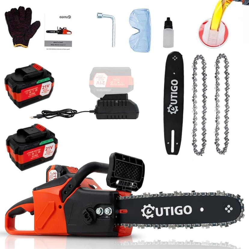 Cordless Electric Chainsaw, 1000W Brushless Chainsaw 12-Inch with 2×21V Batteries, 2 Replacement Chains & 1 Guide Bars & Charger, Bettery Electric Chainsaw Suit for Wood Cutting Trimming Branch