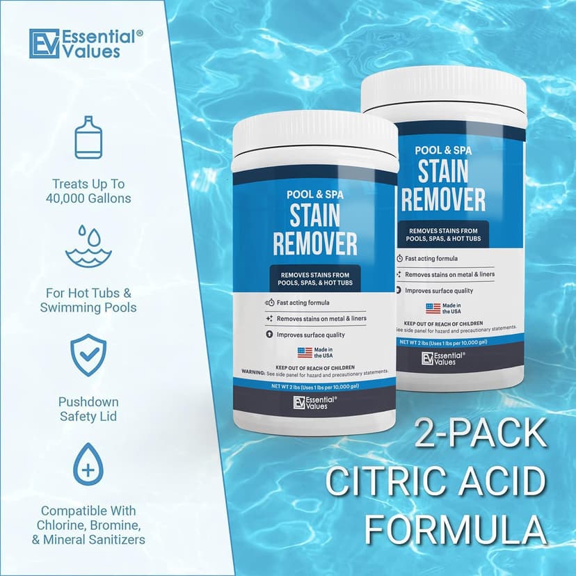 Essential Values Swimming Pool & Spa Stain Remover (2 LBS) - Compatible with Vinyl Liners, Fiberglass & Metals - Effective Formula Removes Rust & Tough Stains