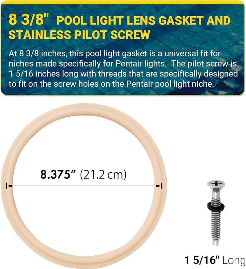 (1 Set) 8 3/8" Pool Light Lens Gasket and Stainless Pilot Screw - Exact Replacements for Pentair 79101600Z and 79104800 - Compatible with Pentair IntelliBrite, AmerLite, and SAM Amerlite Lights