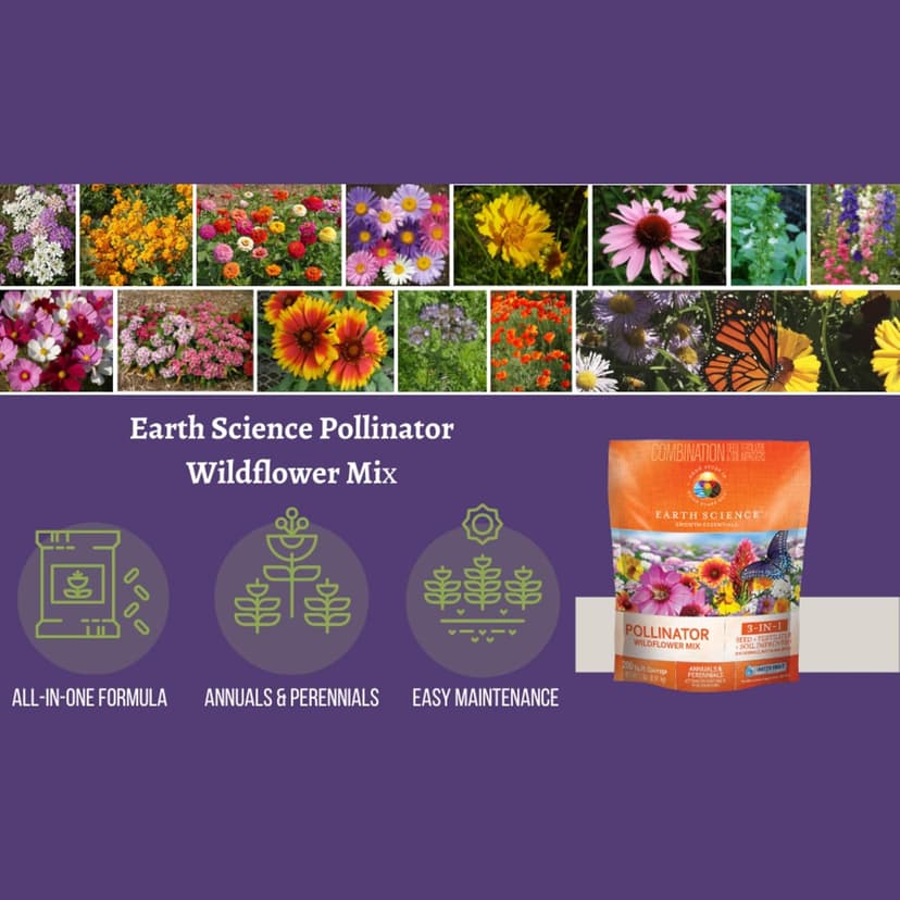 Wildflower Pollinator Mix from Earth Science, 3-in-1 Mix with Premium Wildflower Seed, Plant Food and Soil Conditioners, Non-GMO, for Bees, Hummingbirds, Butterflies, Pollinators 6 lb