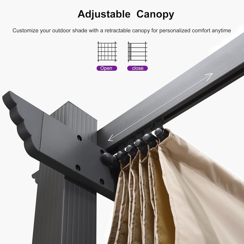 PURPLE LEAF 10' X 12' Outdoor Retractable Pergola with Sun Shade Canopy Patio Metal Shelter for Garden Porch Beach Pavilion Grill Gazebo Modern Yard Grape Trellis Pergola, Beige