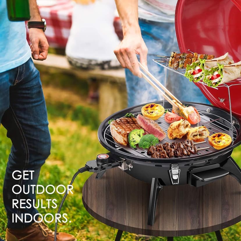 Electric BBQ Grill Techwood 15-Serving Indoor/Outdoor Electric Grill for Indoor & Outdoor Use, Double Layer Design, Portable Removable Stand Grill, 1600W (Countertop BBQ Grill)
