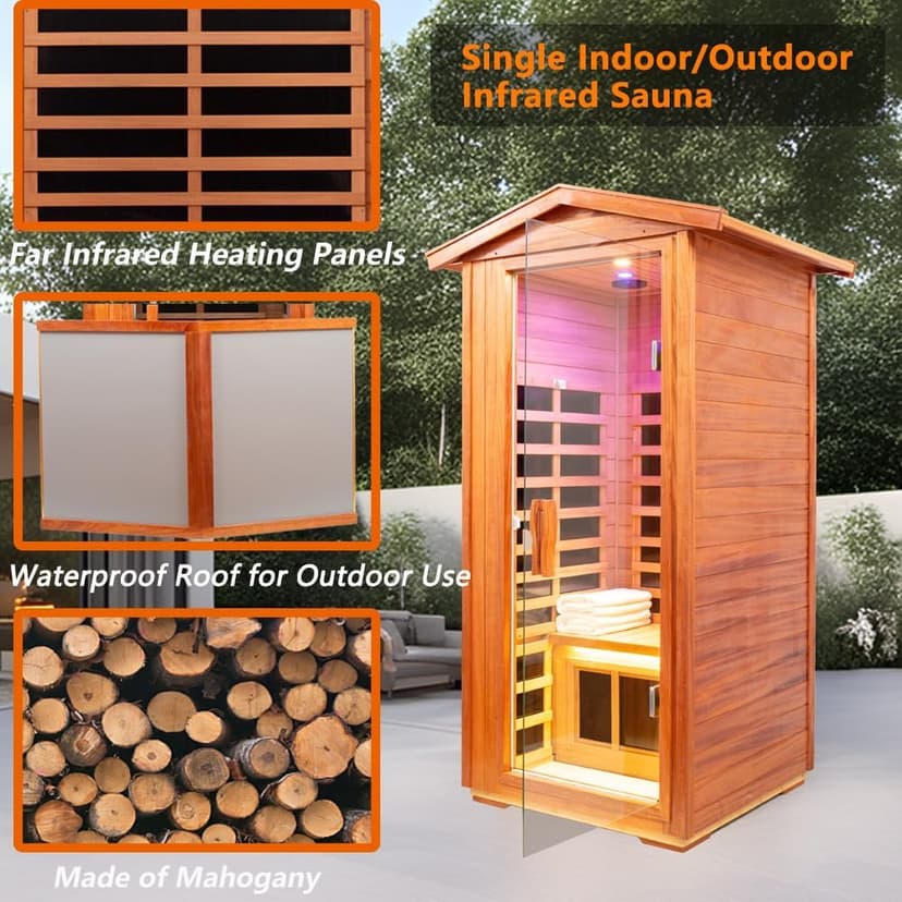 Mahogany Outdoor Sauna, 1 Person Far Infrared Sauna for Home, 1560W, with Bluetooth, LED Reading Lamp, Chromotherapy Lamp, for Indoor and Outdoor Wooden Sauna