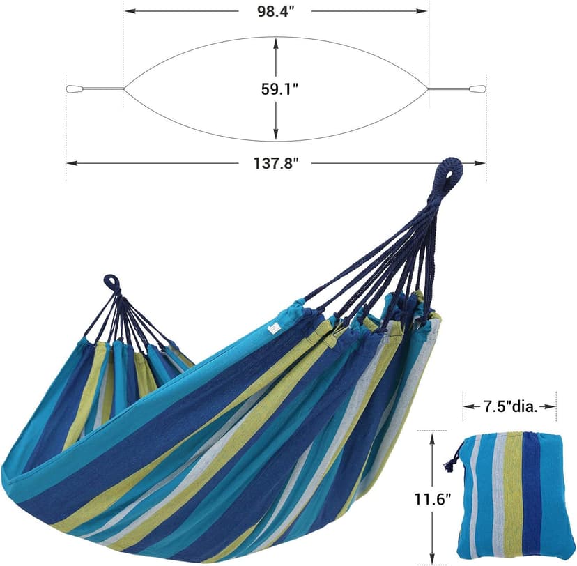 SONGMICS Double Hammock, 98.4 x 59.1 Inches, 660 lb Load Capacity, with Hanging Straps, Carabiners, Carry Bag, for Garden, Outdoor, Camping, Blue and Yellow Stripes UGDC15YU