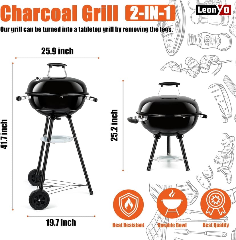 18 Inch Kettle Charcoal Grill, Leonyo Outdoor Barbecue Kettle Grill, Portable Round Smoker with Wheels, Porcelain-Enameled Lid & Fire Bowl, Perfect for Camping/Backyard/Tabletop Cooking/BBQ Party