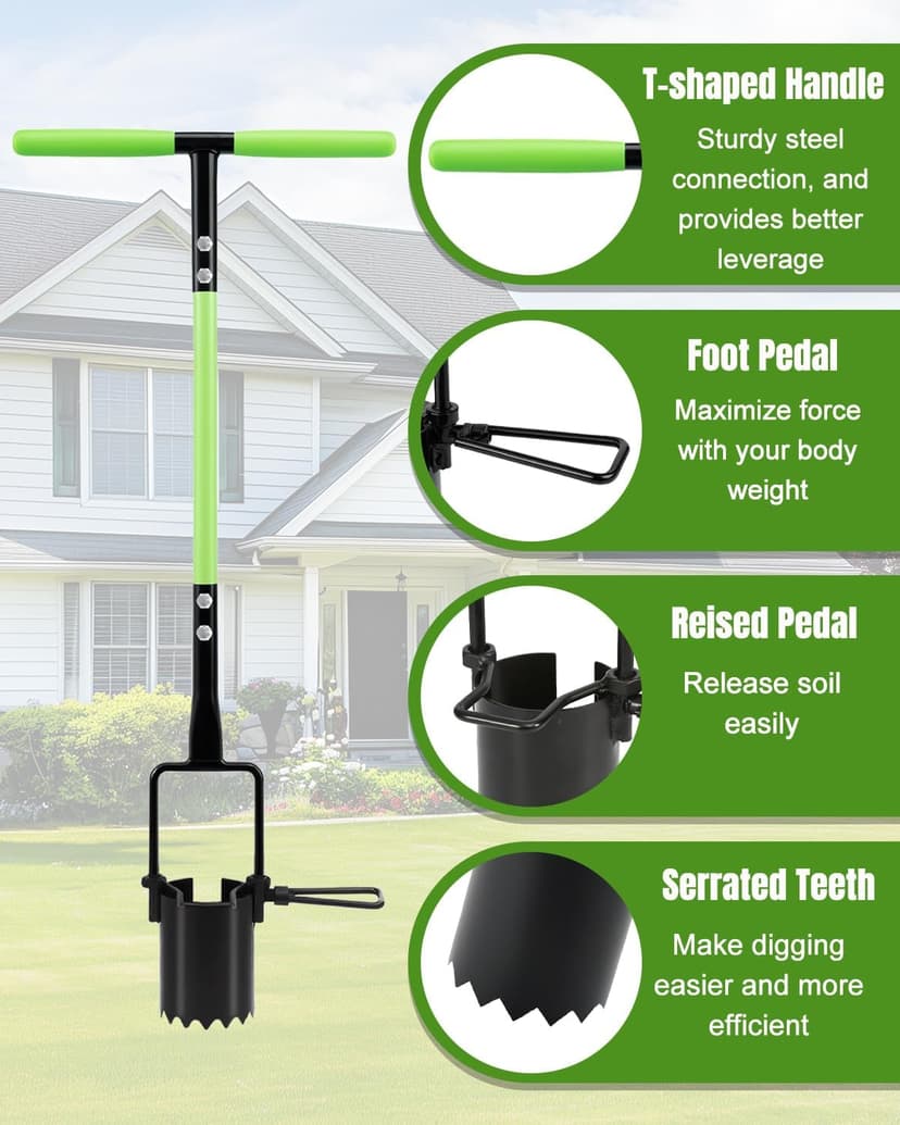joyhalo Bulb Planter Tool Long Handle, 30in Serrated Base, 5 in 1 Lawn Tool, Sod Cutter, Grass Plugger Tool, Weeding, Transplanting, Garden Hole Digger for Plants, Flower Tulips Daffodils Lily