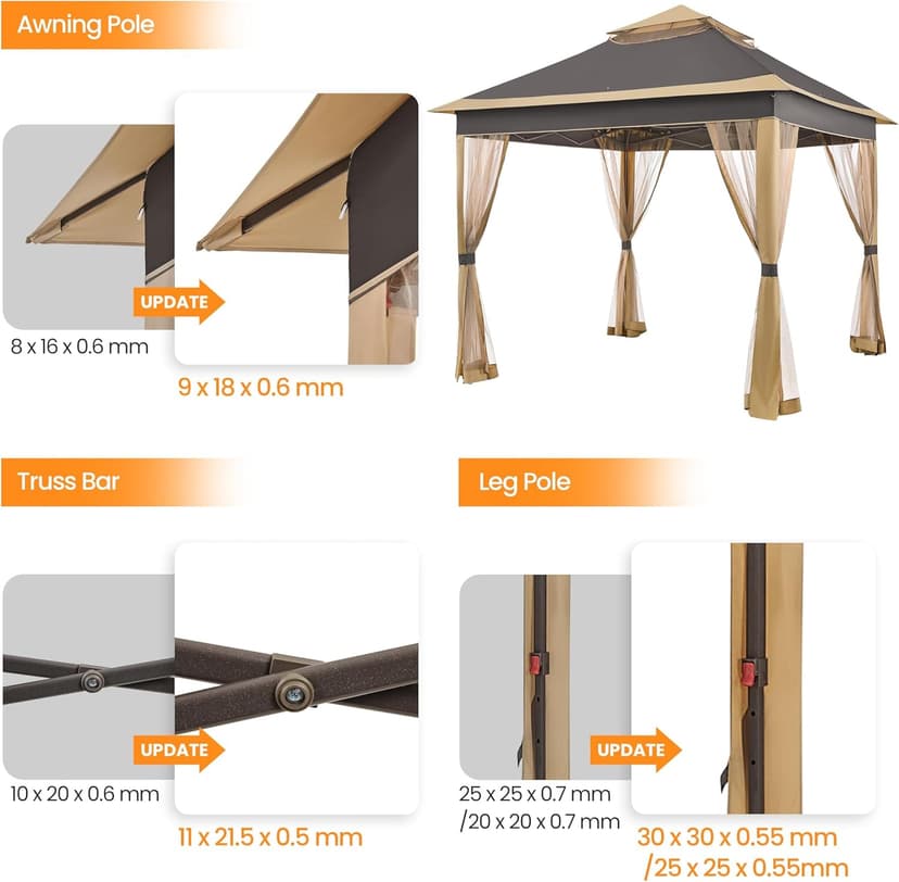 Yaheetech 11x11 Pop Up Gazebo Outdoor Canopy Shelter, Instant Patio Gazebo Sun Shade Canopy Tent with 4 Sandbags, 2 Tiers Roof & Mesh Netting for Lawn, Garden, Backyard & Deck, Brown