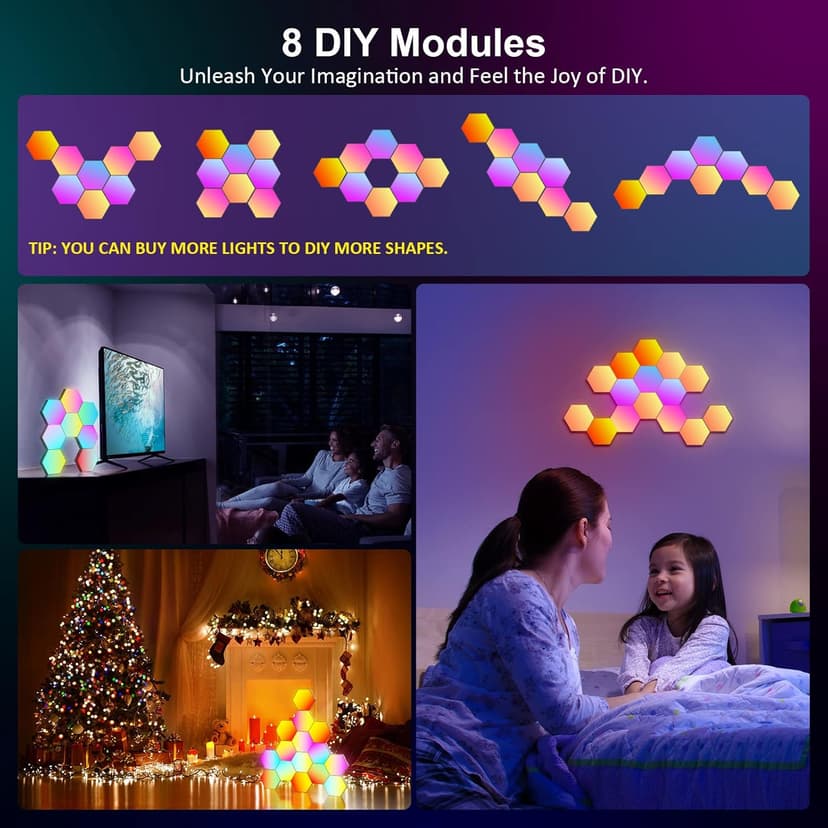 OJQ 8 Pack Hexagon Wall Light RGB Panel - Smart APP RGB Hexagonal Modular Gaming Light Music with Sync Honeycomb Shape Panels Hexagon Lights for Bedroom Children Room Wall Decor