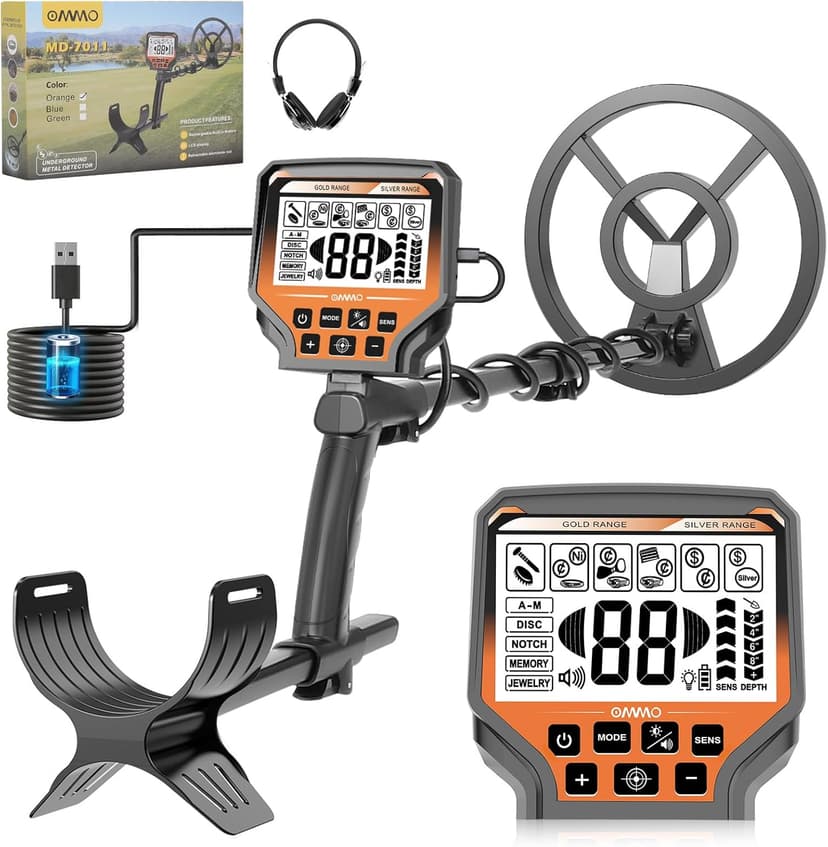 OMMO Metal Detector for Adults & Kids, 10" IP68 Waterproof Gold Detector with 6 Modes, Adjustable Stem & Headphones - 1800mAh USB C Rechargeable for Beach, Parks & Underwater Treasure Hunting
