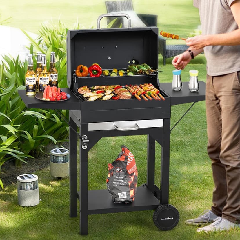 MASTER COOK Charcoal Grill with Two Side Tables, Heavy-duty Steel Barbecue BBQ Grill for Outdoor Picnic Backyard Patio and Parties, 43"*38"*17"