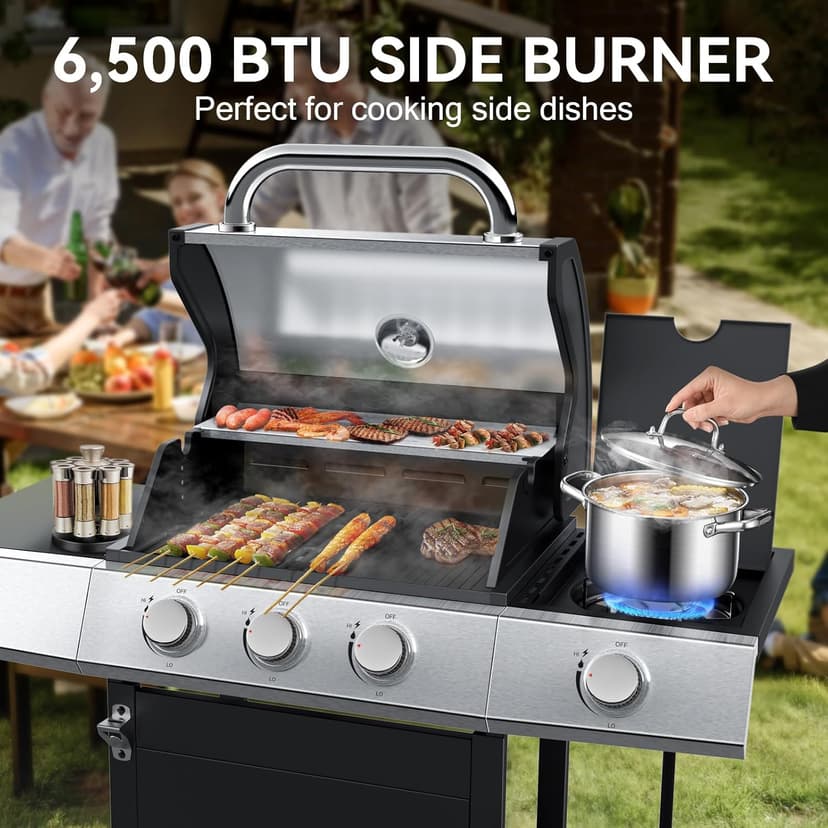 3-Burner Propane Grills with Side Burner, BBQ Gas Grill with Cast Iron Grates and Griddle, Garden Barbecue Grill for Backyard, Camping, Patio, 27,500 BTU