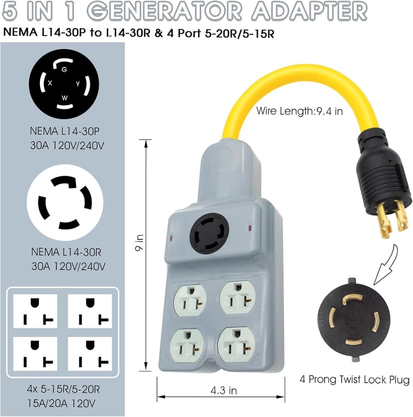 240V to 120V Adapter, Generator Plug NEMA L14-30P to L14-30R and 4 Port 5-20R/5-15R 4 Prong Twist Lock 30 Amp Male Plug to Female Receptacle for RV Workshop Outdoor Activity (Gray)