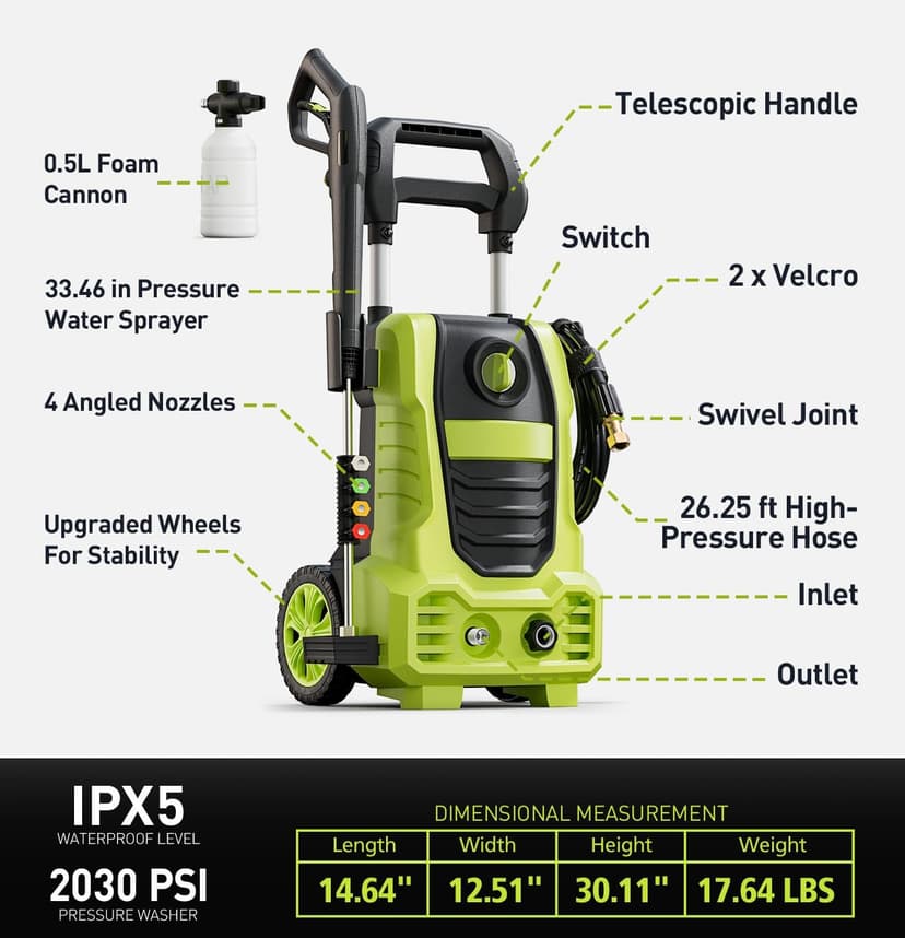 Electric Pressure Washer, 26 FT Hose Pressure Cleaner 2030 PSI with 4 Nozzles Tips,Surface Cleaning with Upgraded Swivel Joint for Car/Fences/Patios/Daily Needed (Mint Green)