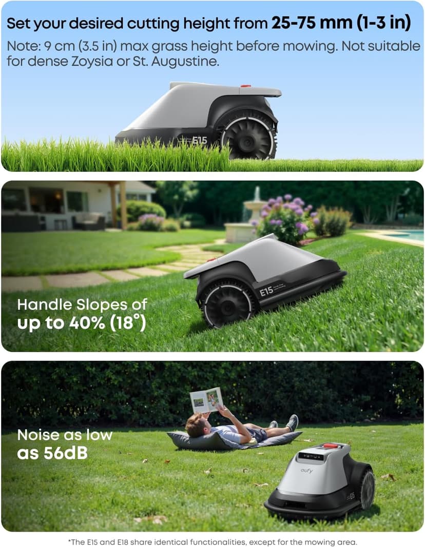 eufy Robot Lawn Mower E15, No Wire, No RTK, No Signal Issue, Hands-Free Auto Mapping, Precise Obstacle Avoiding, Reliable Lawn Maintenance, Worry-Free Experience