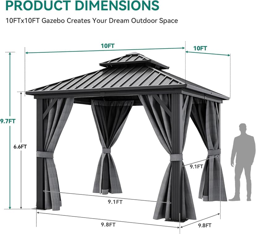 YITAHOME 10x10ft Hardtop Gazebo with Nettings and Curtains, Heavy Duty Double Roof Galvanized Steel Outdoor Combined of Vertical Stripes Roof for Patio, Backyard, Deck, Lawns, Gray