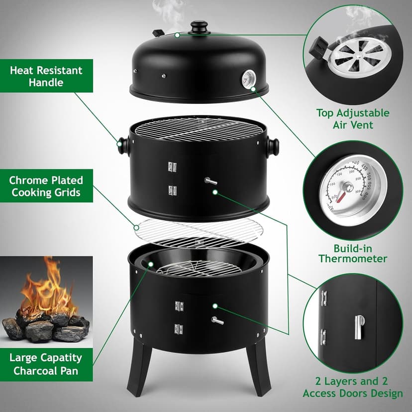 16 Inch Charcoal BBQ Smoker Grill,3-in-1 Portable Vertical Grill Cooker with Built-in Thermometers & Adjustable Vent Systems for Outdoor Backyard Cooking, Camping & Patio Parties