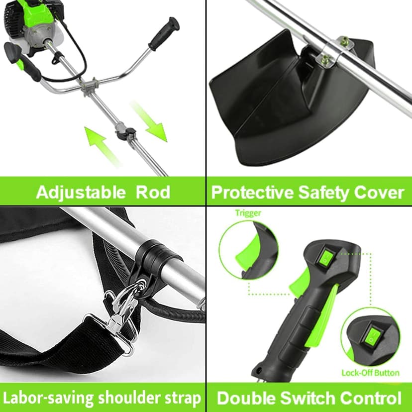 58CC Weed Wacker Brush Cutter, Gas Powered String Trimmer 4-in-1 Gas Weed Eater with 4 Detachable Heads Straight Shaft 2-Cycle for Weed, Brush(Green)