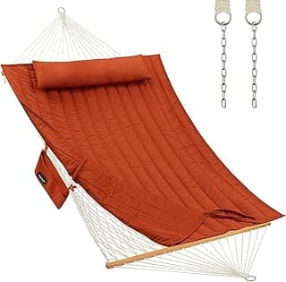 Outdoor Double Hammock with Hardwood Spreader Bars, Cotton Rope Hammock with Polyester Pad and Pillow, 475 LBS Capacity 2 Person Hammock, Large Hammock for Patio Backyard Poolside - Terracotta