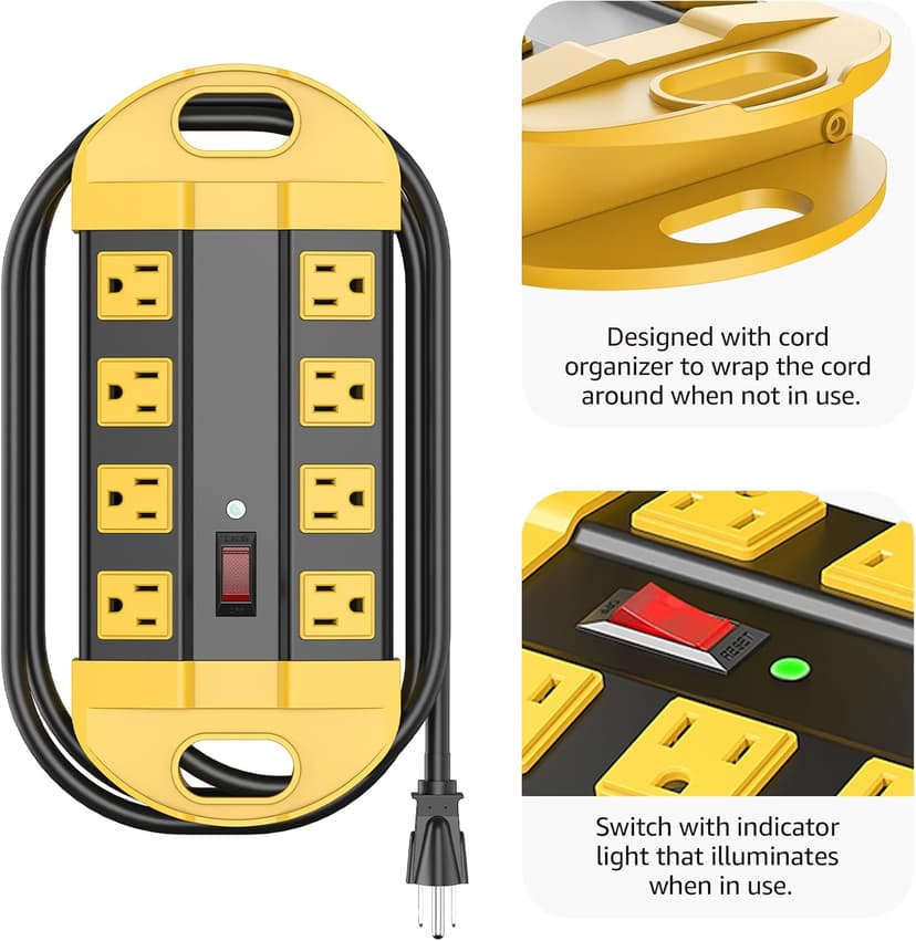 CCCEI Heavy Duty Power Strip Surge Protector, Metal 8 Outlets Power Strip for Appliance. Garage Shop Industrial Workbench 15 AMP Outlets Strip. 6FT Extension Cord, Yellow