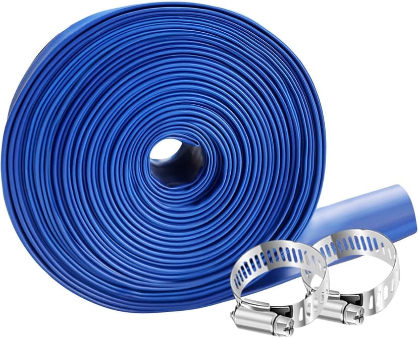 PVC Drain HOSE 2"*100ft, Pool Backwash Hose, Heavy Duty Reinforced Blue PVC Lay Flat Water, For Swimming Drain Pools and Clean Filters, with 2 Clamp