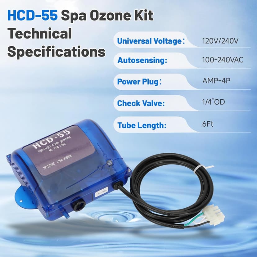 HCD-55 Spa Ozone Kit Suitable for All Hot Tubs & Swim Spas, Hi-Output Spa Ozone Generator with Capacity of Up to 1500 Gallons, Universal: 120V/240V