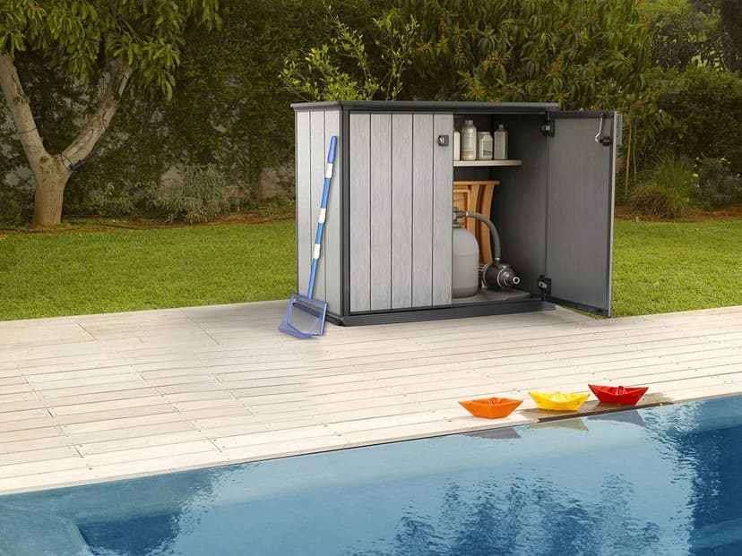 Keter Patio Store 4.6 x 4.0 ft. Resin Outdoor Storage Shed with Paintable and Drillable Walls for Customization-Perfect for Yard Tools and Pool Toys, Grey