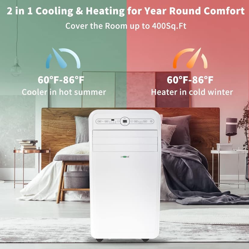Uhome 12,000 BTU, 2024 New Portable Air Conditioner with Heat, 4-in-1 function Dehumidifier & Fan, Cools & Heats Space up to 400 Sq.ft, Remote Control and Window Kit Included, White
