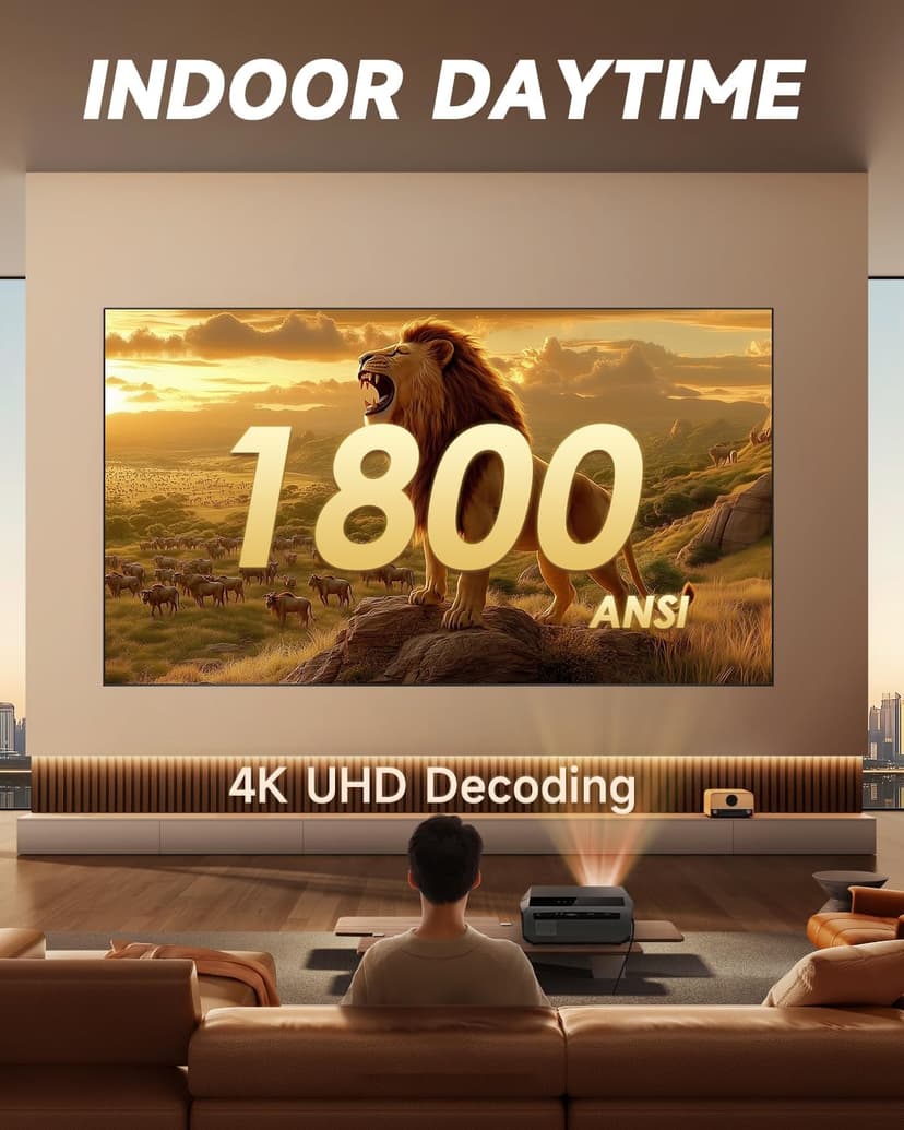4K Projector HDR Netflix Certified, 1800ANSI Daylight Use, Dolby Audio, NFC, Smart TOF Autofocus, Shorter Throw, WiFi 6, Bluetooth 5.4, HDMI ARC, Proyector 4K Ultra HD Movie Gaming TV High Brightness