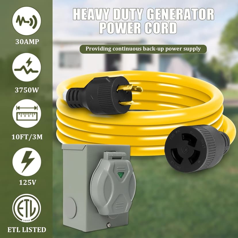 Wadoy 3 Prong Generator Cord 30 Amp, Yellow Generator Power Inlet Box and 10Ft Generator Power Extension Cord NEMA L5-30P to L5-30R 125V, 3750W Generator Power Inlet Organizer Combo Kit ETL Listed