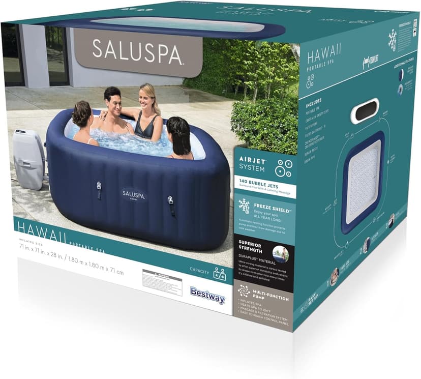Bestway SaluSpa Hawaii AirJet 2 to 6 Person Square Inflatable Hot Tub Portable Outdoor Spa with 140 Soothing AirJetsr, Blue