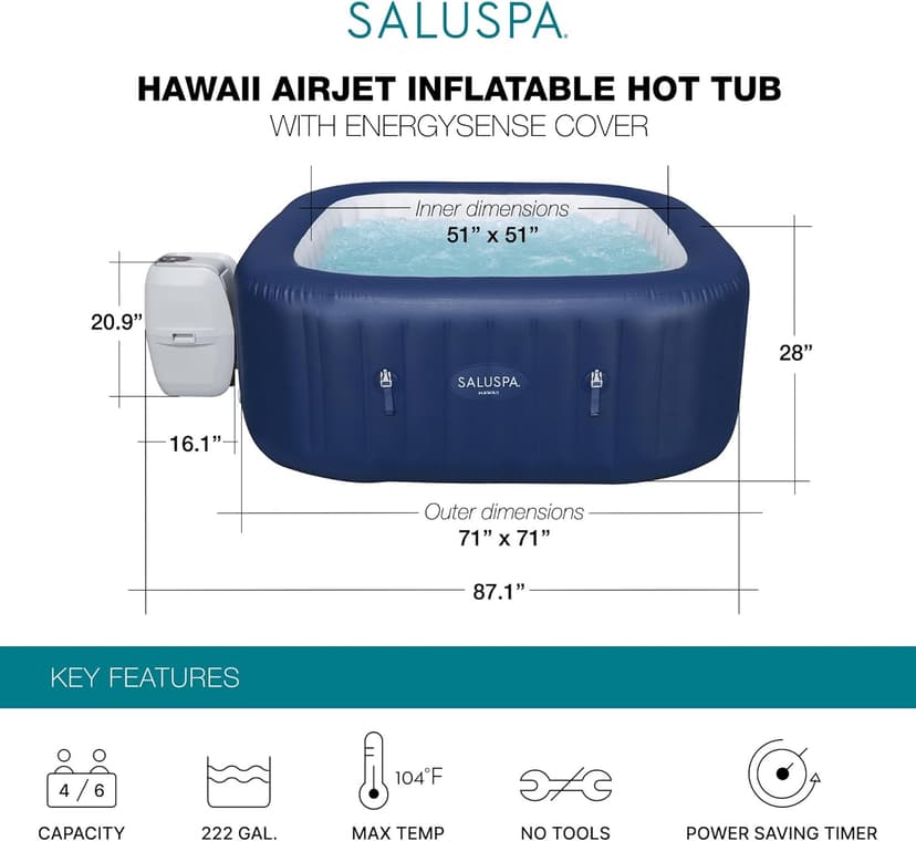 SaluSpa Hawaii EnergySense Smart AirJet Inflatable Hot Tub Spa 4-6 person with App Control