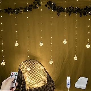 YOLIGHT Wishing Ball Curtain Lights 200 LED Window Curtain String Lights with Remote, USB Battery Powered Twinkle Globe Fairy Lights for Wedding Party Bedroom Christmas Decoration (Warm White)