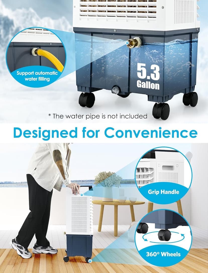 Air Choice Portable Evaporative Air Cooler, 1800 CFM Swamp Cooler with 6 Ice Box & 5.3 Gal Water Tank, 110° Swing, 3 Speeds, Upgraded Remote, 12H Timer, 3-in-1 Air Cooling Fan for Outdoor Indoor, Gray