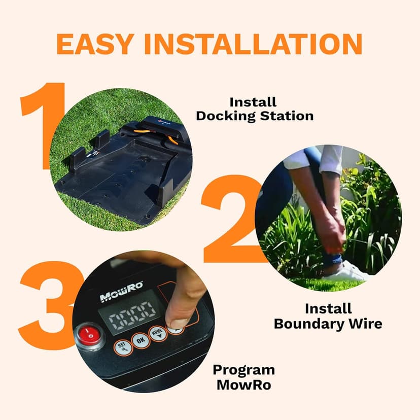 Robot Lawn Mower, Updated 2024 Programming, Self Installation Kit Included, Mows Up to 1/4 Acre, 50% Slope, Low Noise (65dBA) and Rain Sensor