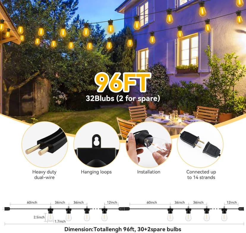 Aialun 96FT(48FTx2) LED Outdoor String Lights Outside Patio Yard Lighting Waterproof Hanging Warm Glow 2200K Shatterproof Edison Bulbs Exterior,Heavy-Duty Strand Decorative Café Porch Bistro Garden