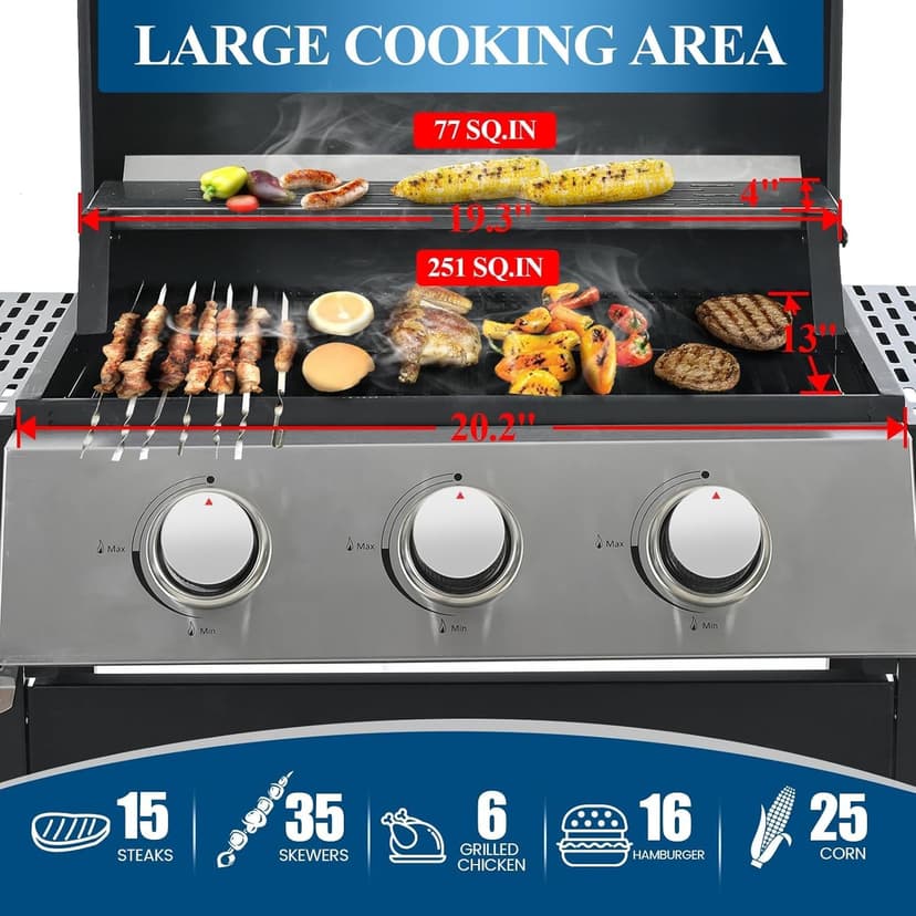 Gas Grill, Stainless Steel 30,000 BTU Patio Garden Barbecue Grill, 3 burner propane grill with Top Cover Lid, Wheels, and 2 Side Shelves, for Outdoor Patio Garden Picnic Back