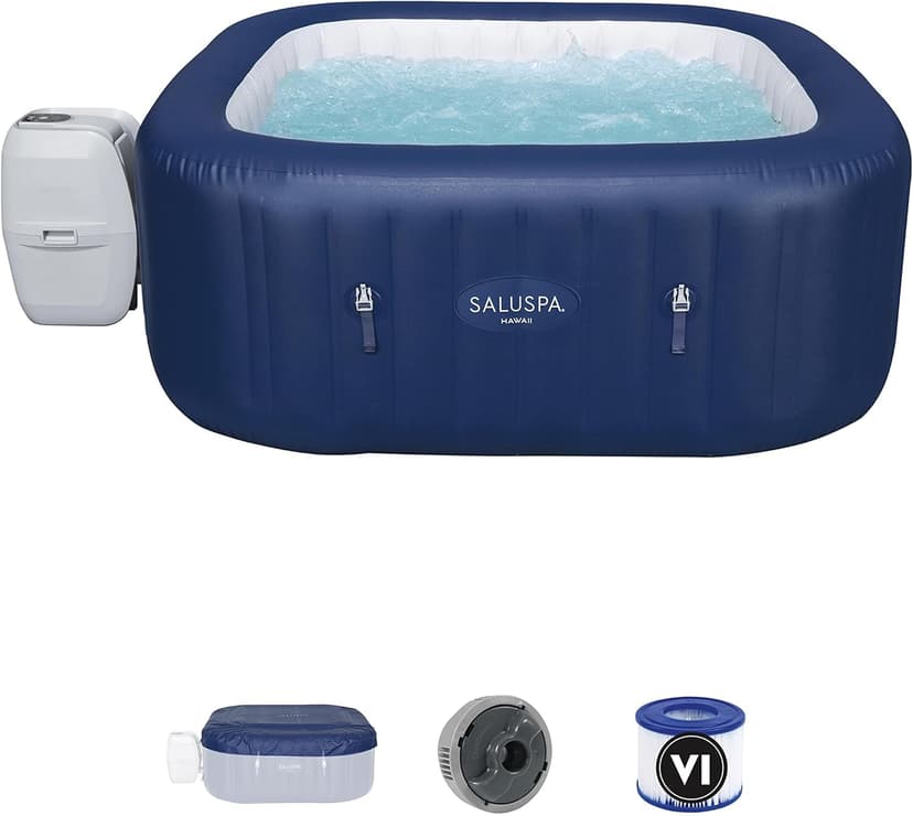 Bestway SaluSpa Hawaii AirJet 2 to 6 Person Square Inflatable Hot Tub Portable Outdoor Spa with 140 Soothing AirJetsr, Blue