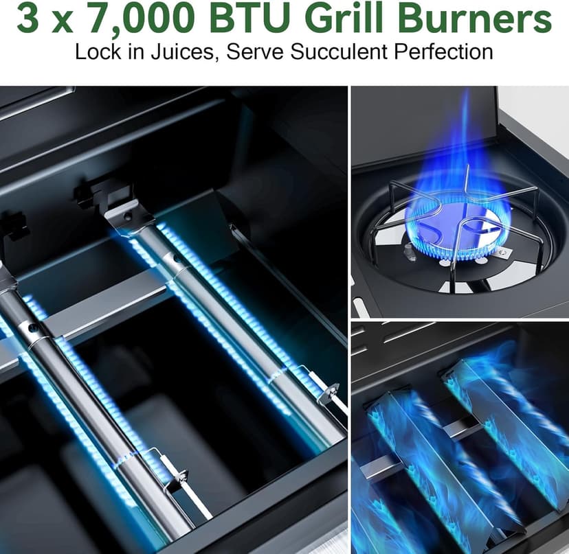 3-Burner Propane Grills with Side Burner, BBQ Gas Grill with Cast Iron Grates and Griddle, Garden Barbecue Grill for Backyard, Camping, Patio, 27,500 BTU