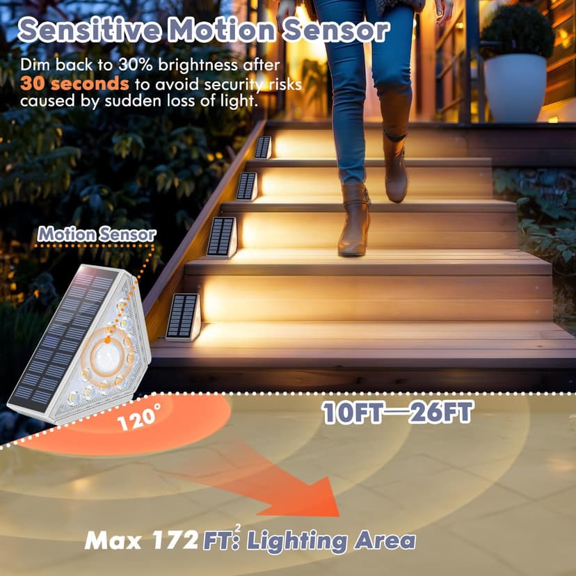 Motion Sensor Solar Stair Lights Outdoor, 8-Pack Super Bright LED Solar Powered Step Lights for Outside, 550LM IP67 Waterproof Outdoor Sensor Lights for Stair Porch Yard Deck, Warm White