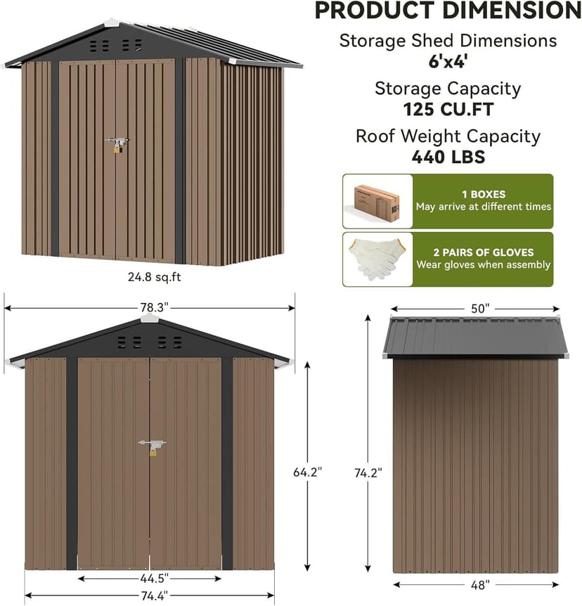 COMHOMA Shed Outdoor Storage Shed Metal,Lockable Doors Tool Sheds with Sloping Roof,Steel Garden Shed with Air Vent for Backyard,Patio,Lawn,Poolside (Brown, 6x4)