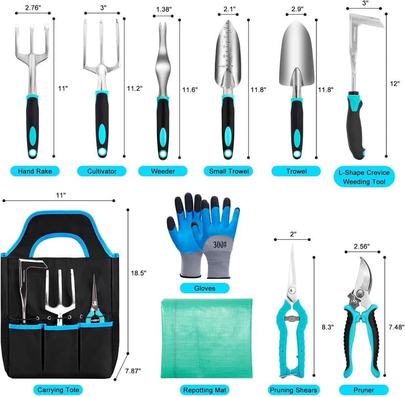 Garden Tool Set with Non Slip Rubber Grip,11 Piece Stainless Steel Gardening Tool Sets,Heavy Duty Outdoor Hand Tools Kit,Durable Tote Bag,Repotting mat,Uprooting Weeding Tool,Ideal Gifts Blue