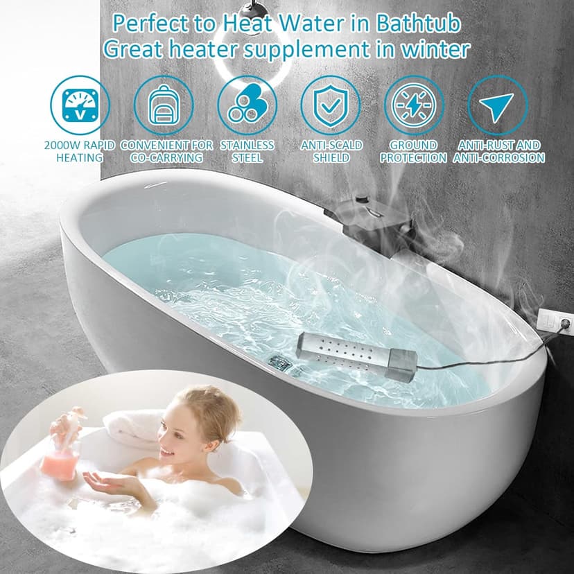 Immersion Water Heater,Pool Heater for Inflatable Pool, Portable Hot Tub Heater with Stainless Steel Protection Guard and LCD Digital Thermometer,Heat Water Fast in Small Pool,Bucket and Bathtub.