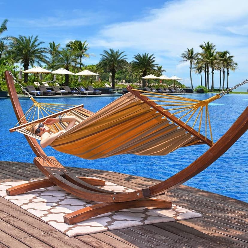 Lazy Daze Hammocks Cotton Fabric Spreader Bar Hammock and 10.5 Ft Wood Arc Hammock Stand Combo, for Indoor, Outdoor,Patio, Backyard, Khaki and Brown