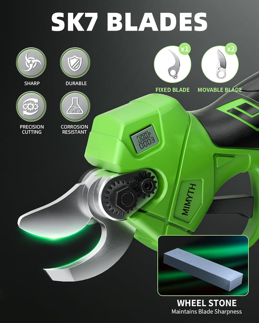 Cordless Electric Pruning Shears for Gardening, Brushless Electric Scissors & Pruners for Gardening w/ 2 21V Batteries, Display, Adjustable Mode for 1.4'', Tree Branch Cutter,Tree Trimming (LeafGreen)