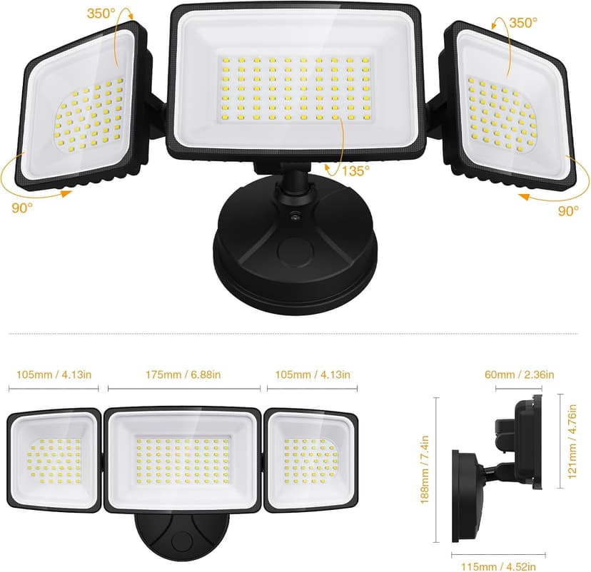 Onforu 100W Flood Lights Outdoor, 9000LM Brightness LED Light Outside, IP65 Waterproof LED Exterior Floodlight with 3 Adjustable Heads, 6500K White Outdoor Security Light for Yard Garage Eave